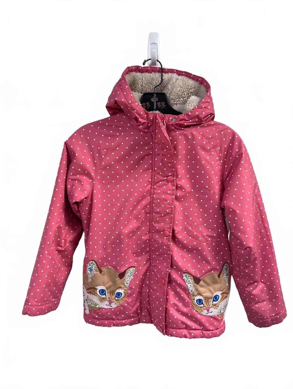 Boden Girls pink polka dot hooded jacket with cat pockets 8-9Y